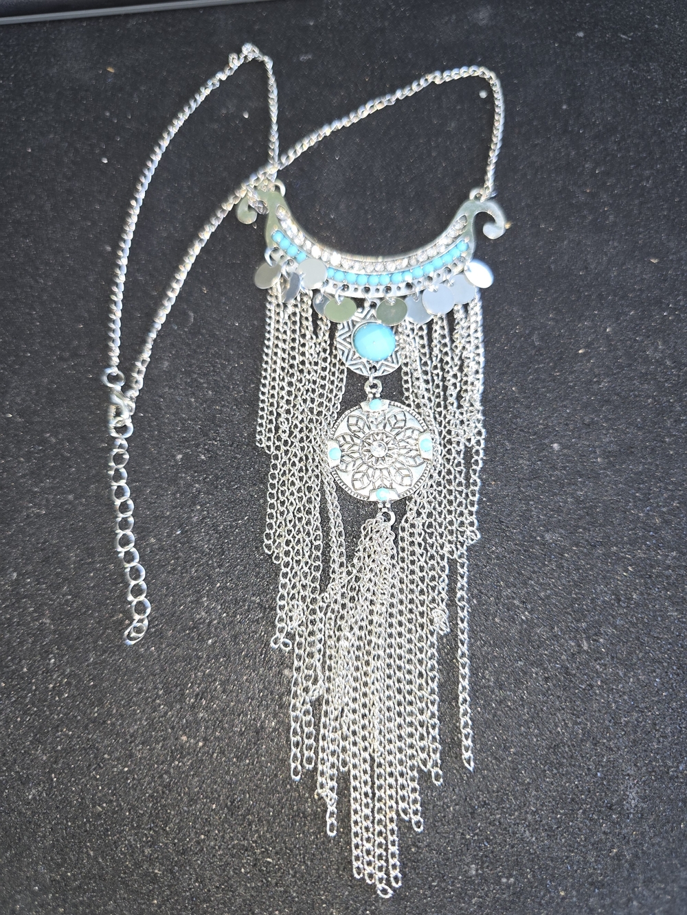 Bohemian Silver-Tone Turquoise Fringe Statement Necklace, New!